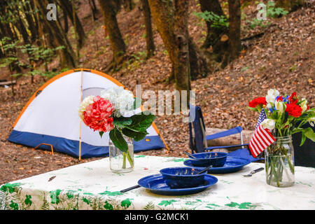 Tabella per il campeggio con bandierine americane Foto Stock