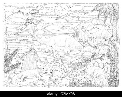 Animale preistorico Scena (nero su bianco disegno della linea). Foto Stock