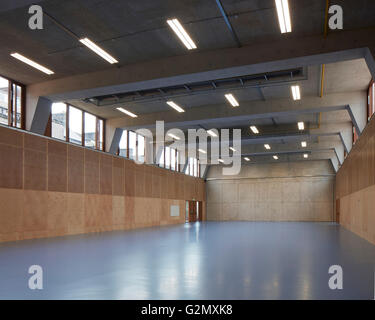 Tripla altezza sports hall. Sant Angela's College Cork, Cork, Irlanda. Architetto: O'Donnell Tuomey Architects, 2016. Foto Stock