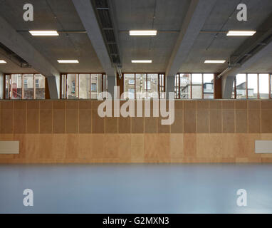 Tripla altezza sports hall con lucernario. Sant Angela's College Cork, Cork, Irlanda. Architetto: O'Donnell Tuomey Architects, 2016. Foto Stock