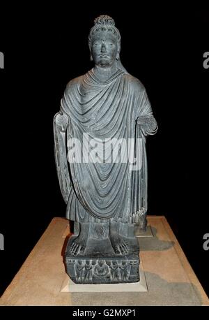 Gandhara, 2° secolo. Questa mostra quattro lati della vita di Buddha: la sua nascita, l'illuminismo, il suo primo sermone e la visita di Brahma e Indra. Foto Stock