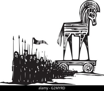 Xilografia stile immagine espressionista del Greco Trojan Horse con un esercito a piedi da esso. Illustrazione Vettoriale