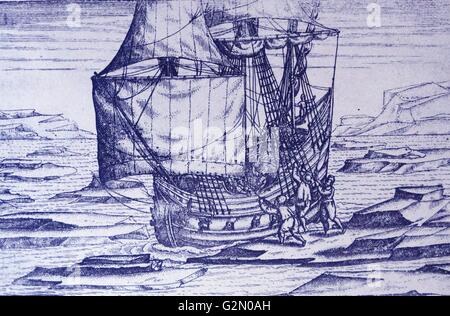 Van di barentz viaggi da Gerrit de veer 1598 ghiaccio in chiusura sulla nave. Willem Barentsz (William Barents Barentz o) (c. 1550 - 20 giugno 1597) navigatore olandese, cartografo, e Arctic explorer. Egli è andato in tre spedizioni all'estremo nord nella ricerca di un passaggio a nordest. Durante la sua terza spedizione l equipaggio fu arenati su Nova Zembla per quasi un anno. Barentsz morì sul viaggio di ritorno nel 1597. Nel XIX secolo il Mare di Barents è stato chiamato dopo di lui. Foto Stock