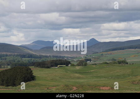 Vista in lontananza le vette della stuc un Chroin e Ben Vorlich da sud est della Scozia Maggio 2016 Foto Stock