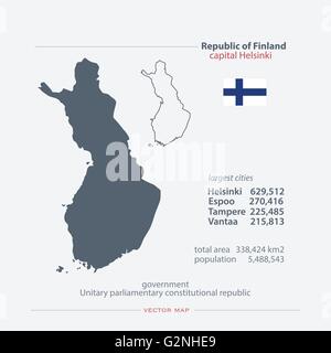 Repubblica di Finlandia isolato mappe e bandiera ufficiale icona. vettore politico finlandese le icone della mappa con informazioni di carattere generale. Finn geog Illustrazione Vettoriale