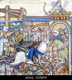 Battaglia medievale scena raffigura cavalieri in catena-mail e caschi. Le loro braccia includono pesante spada per l'hacking, macis, battaglia-ax, frecce e una catapulta per lanciare sassi. Datata xiii secolo Foto Stock