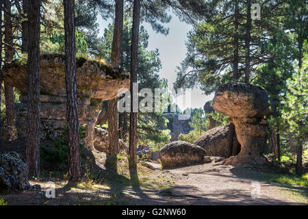 Erosi affioramenti calcarei in La Ciudad Encantada, La città incantata, Parco, Serrania de Cuenca Castilla-la Mancha, in Spagna Foto Stock
