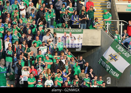 Belfast, 27 maggio 2016, l'Irlanda del Nord 3 Bielorussia 0. Esso è stato in Irlanda del Nord la ultima partita in casa prima di Euro 2016 e un full house ordinò il lato "Au revoir'. Foto Stock