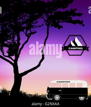Cartoon Minibus in natura un albero Silhouette. Illustrazione Vettoriale Illustrazione Vettoriale