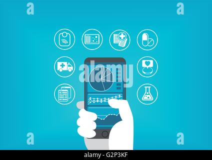 Sanità elettronica (e-health) concetto con mano azienda smart phone per accedere medico digitale i record dei pazienti Illustrazione Vettoriale