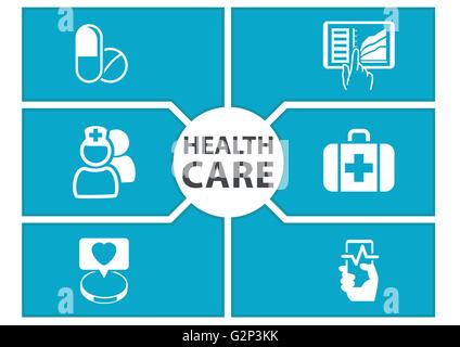 E-health care sfondo con simboli di moderni dispositivi come smart phone, tablet pc digitale record medici Illustrazione Vettoriale
