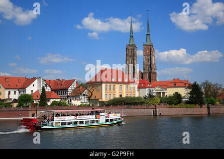 Vista dalla passeggiata sul fiume Odra a cattedrale isola, Wroclaw, Slesia, Polonia, Europa Foto Stock