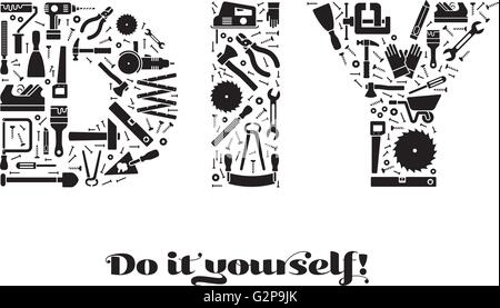 Do it yourself concetto con lettere fai da te fatte di strumenti simboli, nero su bianco Illustrazione Vettoriale
