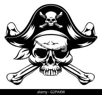 Cranio e crossbones pirata Jolly Roger indossando un cappello e patch di occhio Foto Stock