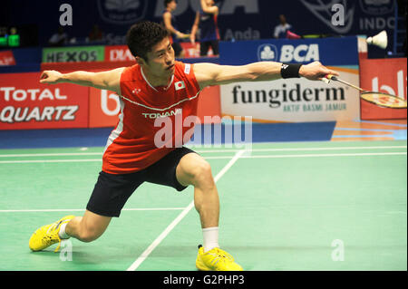 JAKARTA, Indonesia - 01 giugno : Sho Sasaki del Giappone colpisce un ritorno contro Wong ala Vincen Ki di Hongkong durante uomini singoli in Indonesia Open 2016 a Jakarta, Indonesia il 01 giugno, 2016. Credito: P Hardi Subiantoro Sijori/images/AFLO/Alamy Live News Foto Stock