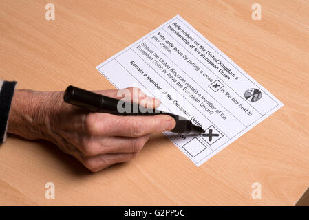 Completamento di un ballottaggio postale la carta con una croce in una scatola per rimanere nell'Unione europea. 02 Maggio 2016 Foto Stock