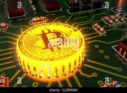Concetto di Bitcoin come un processore ad incandescenza sulla scheda madre Foto Stock