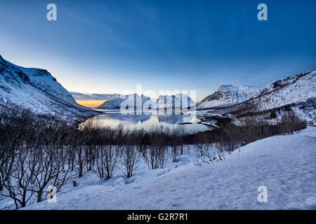 Paesaggio invernale panorama di Bergsfjorden, Senja, Skaland, Troms, Norvegia, Europa Foto Stock