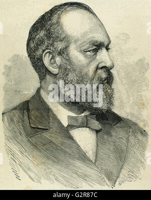 James Abram Garfield (1831-1881). Uomo politico americano, leader del partito repubblicano. Ventesimo Presidente degli Stati Uniti, a partire dal mese di Marzo 4, 1881, fino al suo assassinio nel corso dello stesso anno. Ritratto. Incisione. Foto Stock