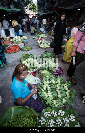 Un fornitore di verdura in strada del mercato di Yangon, Myanmar. Foto Stock