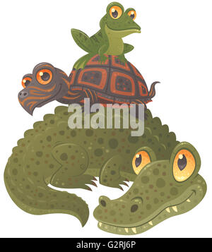 Fumetto illustrazione vettoriale di un alligatore, una tartaruga e una rana appendere fuori assieme impilati in una piramide. Foto Stock