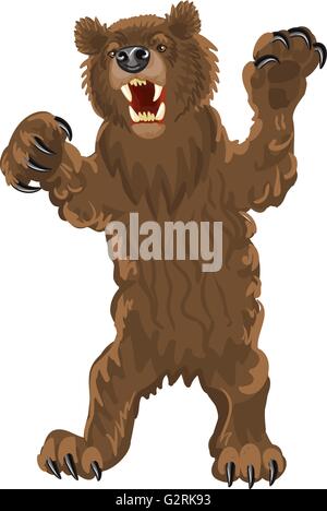 Orso bruno si erge sulle zampe posteriori. Orso con bocca aperta, zanne e grandi chele. Ululano, aggressivo orso grizzly illust vettore Illustrazione Vettoriale