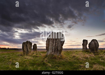 Standing stone circle vicino a Duddo nel nord di Northumberland. Questo sito neolitihic è raramente visitato. Foto Stock
