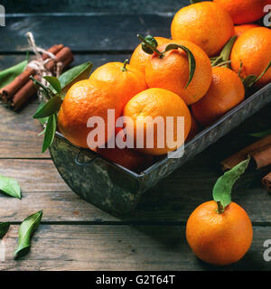 Tangerini con foglie e la stecca di cannella sul vecchio tavolo in legno. Immagine quadrata. Foto Stock