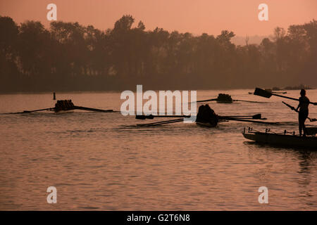 Gusci di canottaggio testa fuori all'alba per un grado di studente non laureato equipaggio regata sul Fiume Savannah ad Augusta, in Georgia. Foto Stock