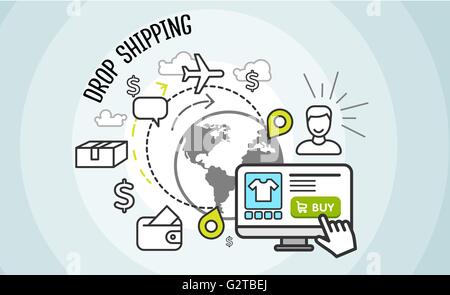 Drop Shipping concetto. Dropship, cargo e acquistare, Illustrazione Vettoriale