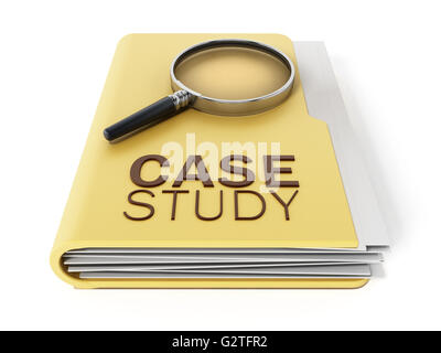 Caso di studio il testo sotto la lente di ingrandimento permanente sulla cartella gialla. 3D'illustrazione. Foto Stock