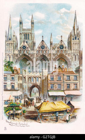 Edwardian cartolina da Raphael Tuck & Sons del fronte ovest di Peterborough Cathedral visto dal luogo di mercato. Foto Stock