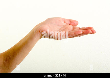 Donna di mano su sfondo bianco con palm fino Foto Stock