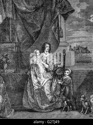 Henrietta Maria di Francia, regina consorte del re Carlo I, Monarch di Inghilterra, Scozia e Irlanda con i suoi figli, l'eventuale Carlo II e Giacomo II Foto Stock