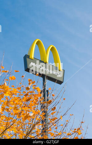 OLDENZAAL, Paesi Bassi - 31 ottobre 2015: Neon McDonalds segno. McDonald's Corporation è la più grande del mondo di catena di hamburger Foto Stock