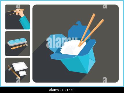 Cibo asiatico piatto icone vettoriali Illustrazione Vettoriale