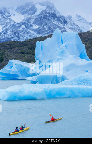 Kayakers sul lago, lago grigio, iceberg, parco nazionale Torres del Paine, Ande della Patagonia, Patagonia, Cile Foto Stock
