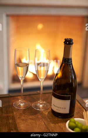 Bottiglia di Champagne con gli occhiali accanto al fuoco aperto Foto Stock
