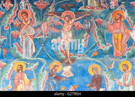 Monastero Moldovita ;Chiesa Buna Vestire ( ' Annunciazione ' ) ; affresco Albero genealogico di Gesù , Gesù in mezzo, Romania, Moldavia Foto Stock