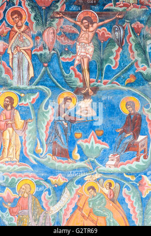 Monastero Moldovita ;Chiesa Buna Vestire ( ' Annunciazione ' ) ; affresco Albero genealogico di Gesù , Gesù in mezzo, Romania, Moldavia Foto Stock