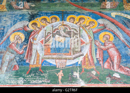 Monastero Moldovita ; Chiesa Buna Vestire ( ' Annunciazione ' ) ; affresco dello Spirito Santo sulla parete esterna, Romania, Moldavia, Foto Stock