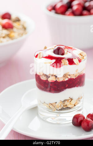 Un sano dessert con yogurt, muesli e mirtilli rossi Foto Stock