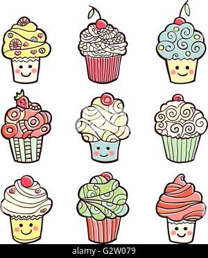 Set di colorate tortini dolci isolati su sfondo bianco. Illustrazione Vettoriale