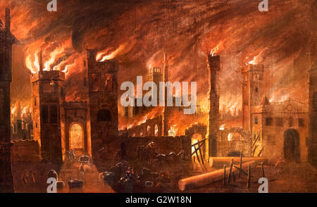 Il Grande Incendio di Londra nel 1666, visto da Ludgate, olio su tela, da un originale di Jan Griffier the Elder, c.1670-1678. La Cattedrale di St Paul e può essere visto bruciare nella distanza. Foto Stock