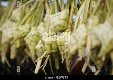 Ketupat, un tipo di gnocco fatto dal riso imballate all'interno di un diamante-contenitore sagomato in tessuto di foglia di palma custodia. Foto Stock