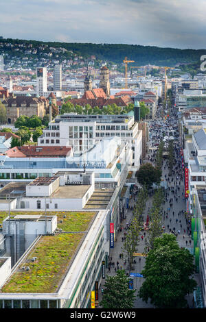 Vista da Bahnhofsturm al centro di Stoccarda con la zona pedonale Königstraße, Germania, Baden-Württemberg Stuttgar Regione Foto Stock