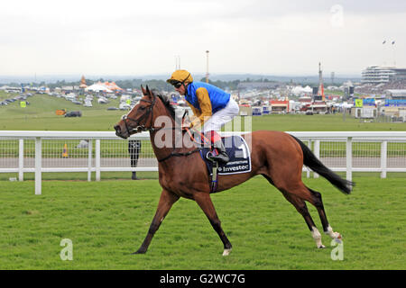 Epsom Downs, Surrey, Inghilterra, Regno Unito. Il 3 giugno 2016. Onorevoli giorno presso la Epsom Downs Race Course, dove la Investec Oaks è la gara principale della giornata. Qui Frankie Dettori rides n. 1 Architettura attorno Tattenham angolo verso la partenza della gara, infine la finitura secondo dopo aver guidato per gran parte della porta dritto a casa. Credito: Julia Gavin UK/Alamy Live News Foto Stock