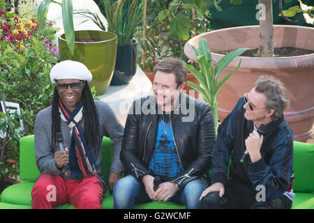 Eden Project, Cornwall, Regno Unito. Il 3 giugno 2016. Simon Le Bon, John Taylor e Nile Rodgers su uno show di essere ripresi al Progetto Eden davanti a questa sera BBC Music concerto per il giorno. Credito: Simon Maycock/Alamy Live News Foto Stock