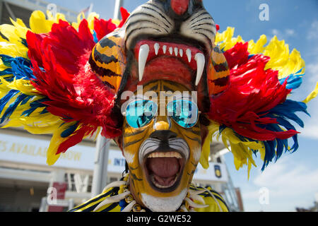 Santa Clara, Stati Uniti d'America. Il 3 giugno, 2016. Una ventola reagisce precedendo l'apertura Copa America partita di calcio tra la Colombia e gli Stati Uniti a Levi's Stadium di Santa Clara, California, Stati Uniti, 3 giugno 2016. Credito: Yang Lei/Xinhua/Alamy Live News Foto Stock