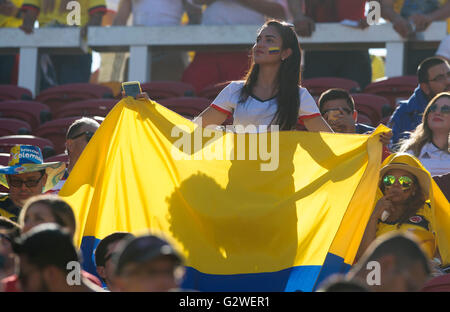 Santa Clara, Stati Uniti d'America. Il 3 giugno, 2016. Una donna sventola la bandiera nazionale della Colombia durante la cerimonia di apertura della Copa America Centenario giochi al Levi's Stadium di Santa Clara, California, Stati Uniti, 3 giugno 2016. Credito: Yang Lei/Xinhua/Alamy Live News Foto Stock